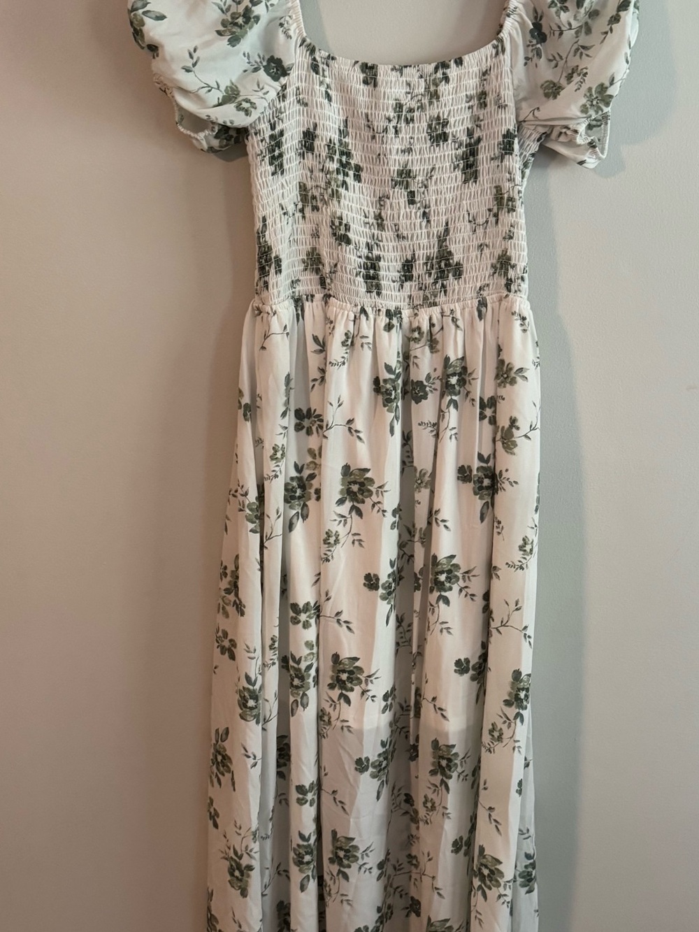 Smocked Puff-Sleeve Maxi Dress in Cream with Green Floral Print